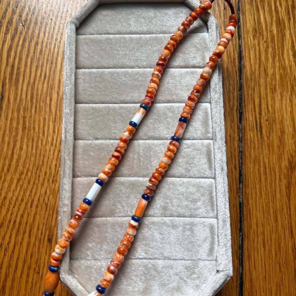 Genuine Spiny Oyster Shell and Lapis Lazuli Beaded Necklace 20 inch